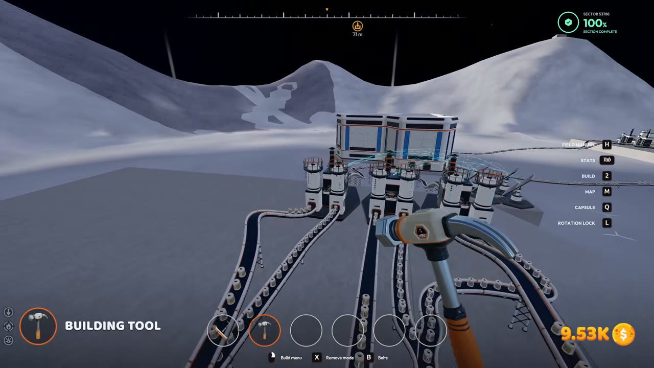 A finished line: belts full of capsules running straight into the hub ports