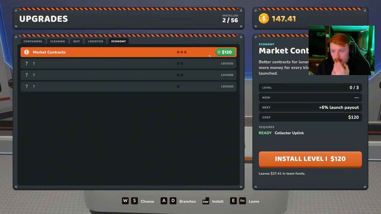 Upgrades screen: Market Contracts level 1, $120, +6% launch payout